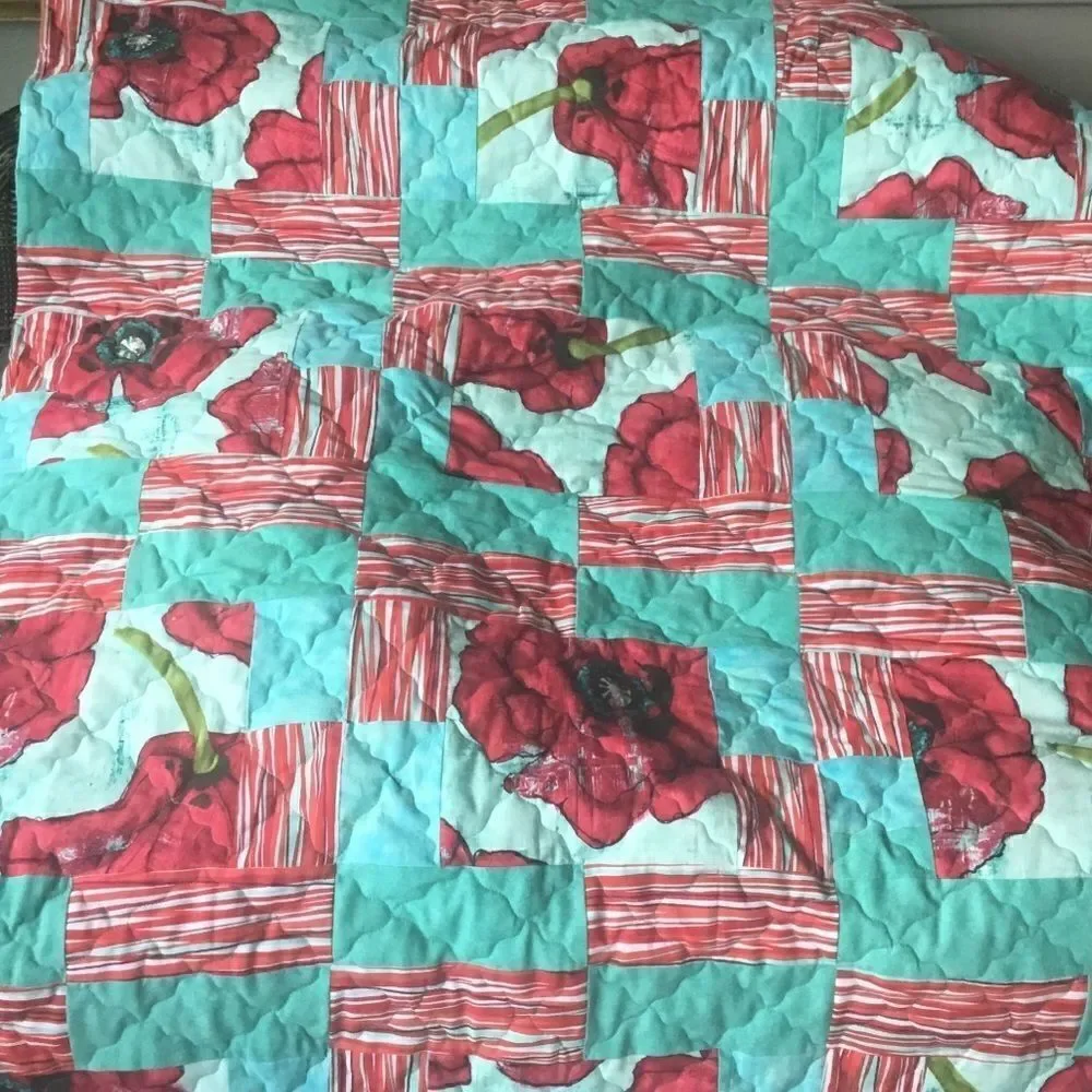 Hand Crafted Quilt Turquoise and Red